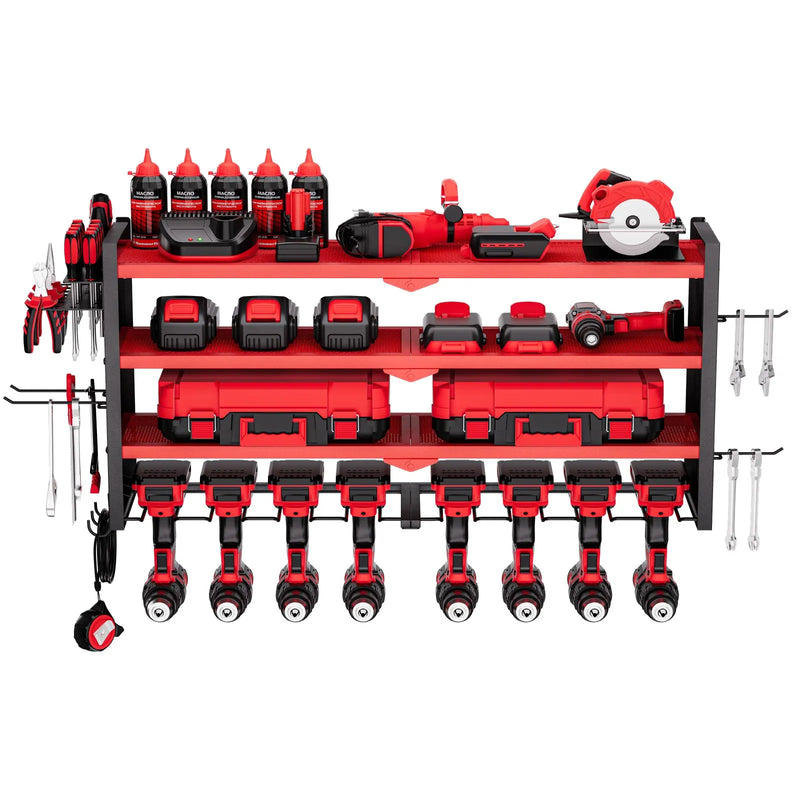 VEVOR sienas stiprināms elektroinstrumentu organizators, 4 līmeņu plaukts ar 8 urbju turētājiem, instrumentu turētājs ar sānu perforētajām plāksnēm, garāžas plaukts garāžai, darba galdam un darbnīcai