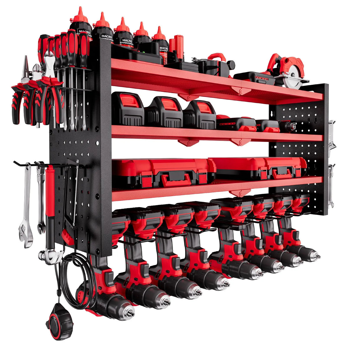 VEVOR Wall-Mounted Tool Rack 4-Tier with 8 Drill Holders and Perforated Side Panels