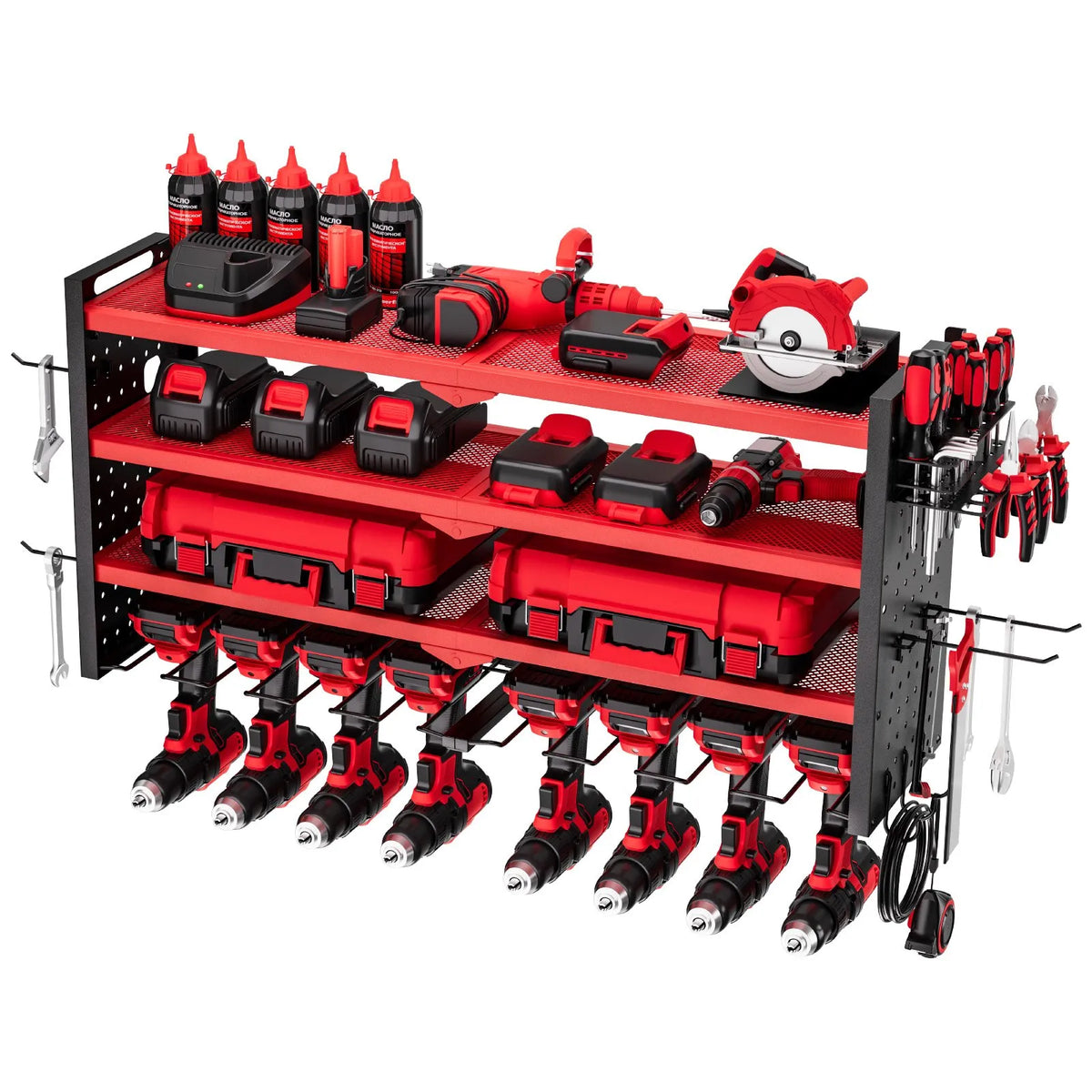 VEVOR Wall-Mounted Tool Rack 4-Tier with 8 Drill Holders and Perforated Side Panels