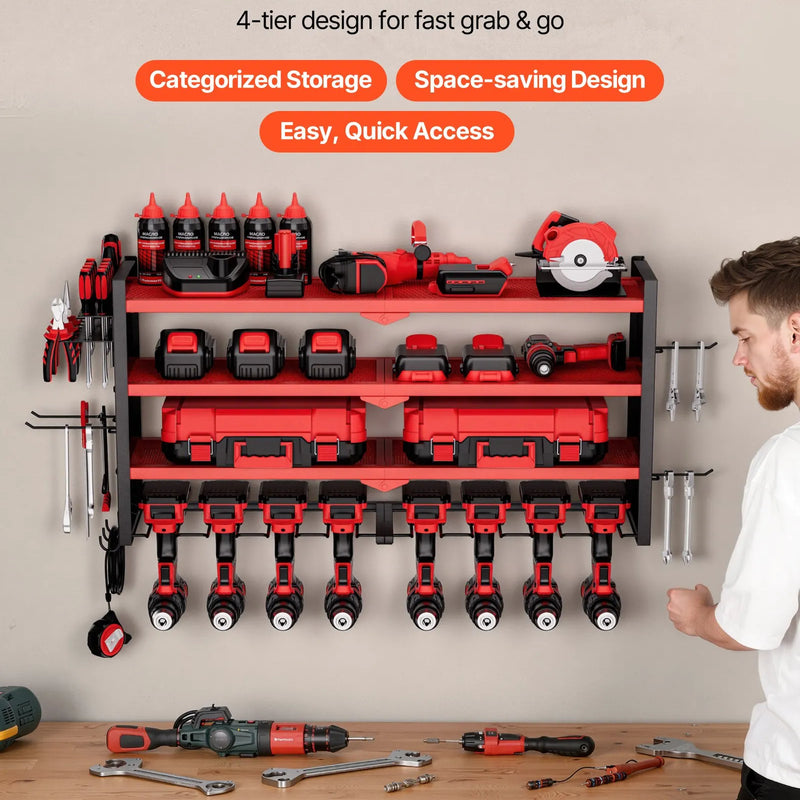 VEVOR sienas stiprināms elektroinstrumentu organizators, 4 līmeņu plaukts ar 8 urbju turētājiem, instrumentu turētājs ar sānu perforētajām plāksnēm, garāžas plaukts garāžai, darba galdam un darbnīcai