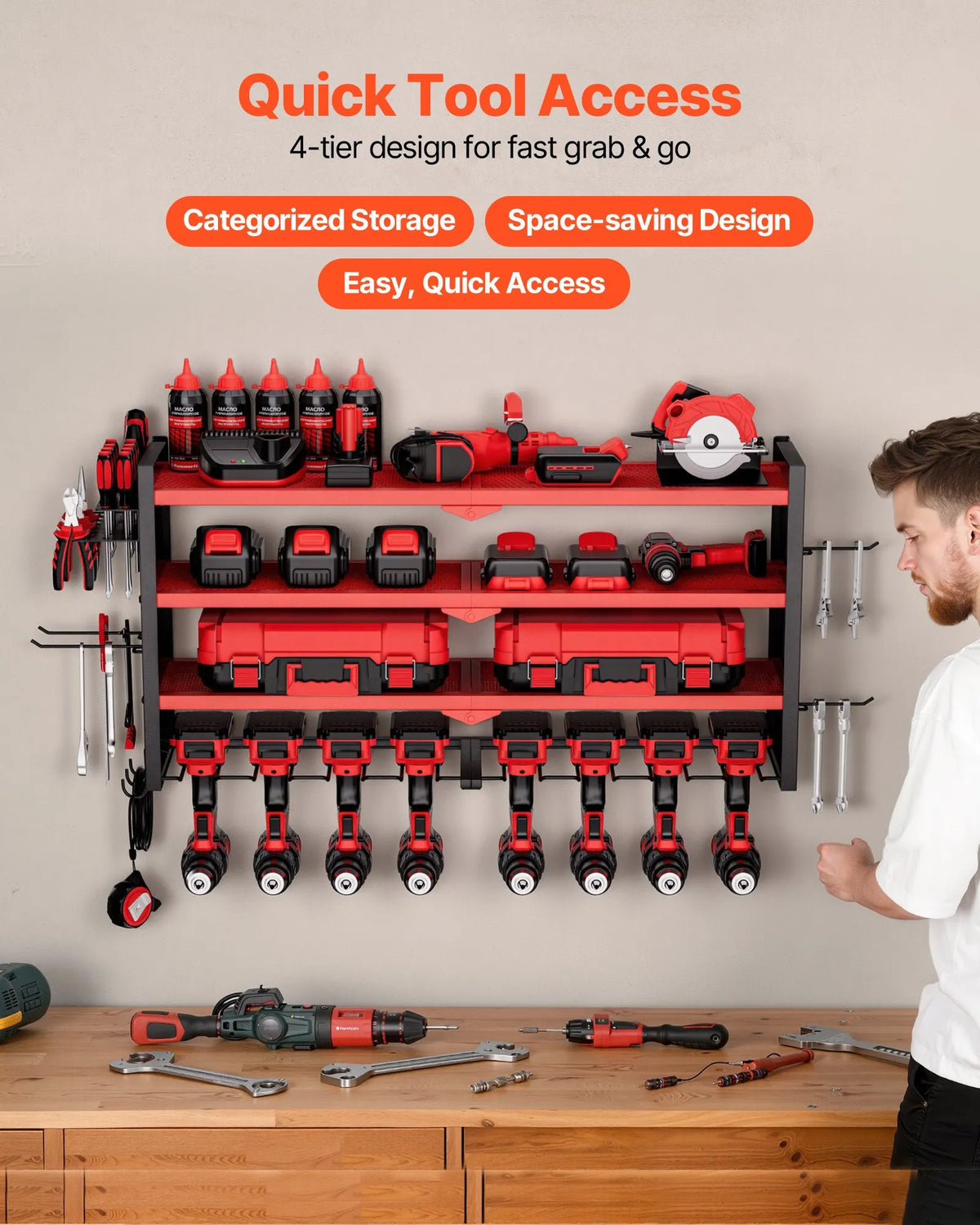 VEVOR Wall-Mounted Tool Rack 4-Tier with 8 Drill Holders and Perforated Side Panels