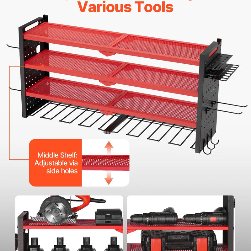 VEVOR sienas stiprināms elektroinstrumentu organizators, 4 līmeņu plaukts ar 8 urbju turētājiem, instrumentu turētājs ar sānu perforētajām plāksnēm, garāžas plaukts garāžai, darba galdam un darbnīcai