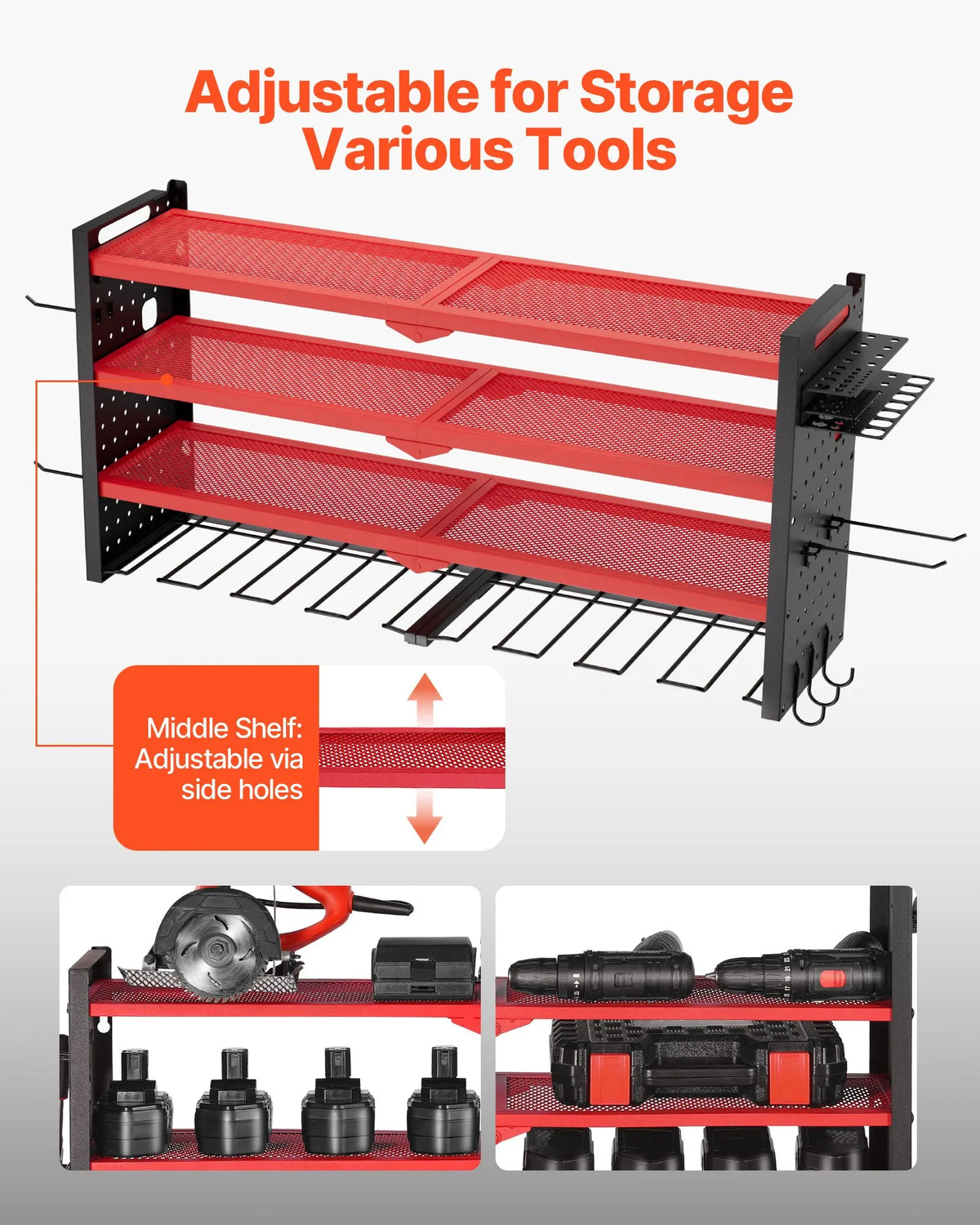 VEVOR Wall-Mounted Tool Rack 4-Tier with 8 Drill Holders and Perforated Side Panels