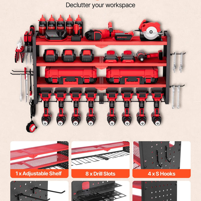 VEVOR sienas stiprināms elektroinstrumentu organizators, 4 līmeņu plaukts ar 8 urbju turētājiem, instrumentu turētājs ar sānu perforētajām plāksnēm, garāžas plaukts garāžai, darba galdam un darbnīcai