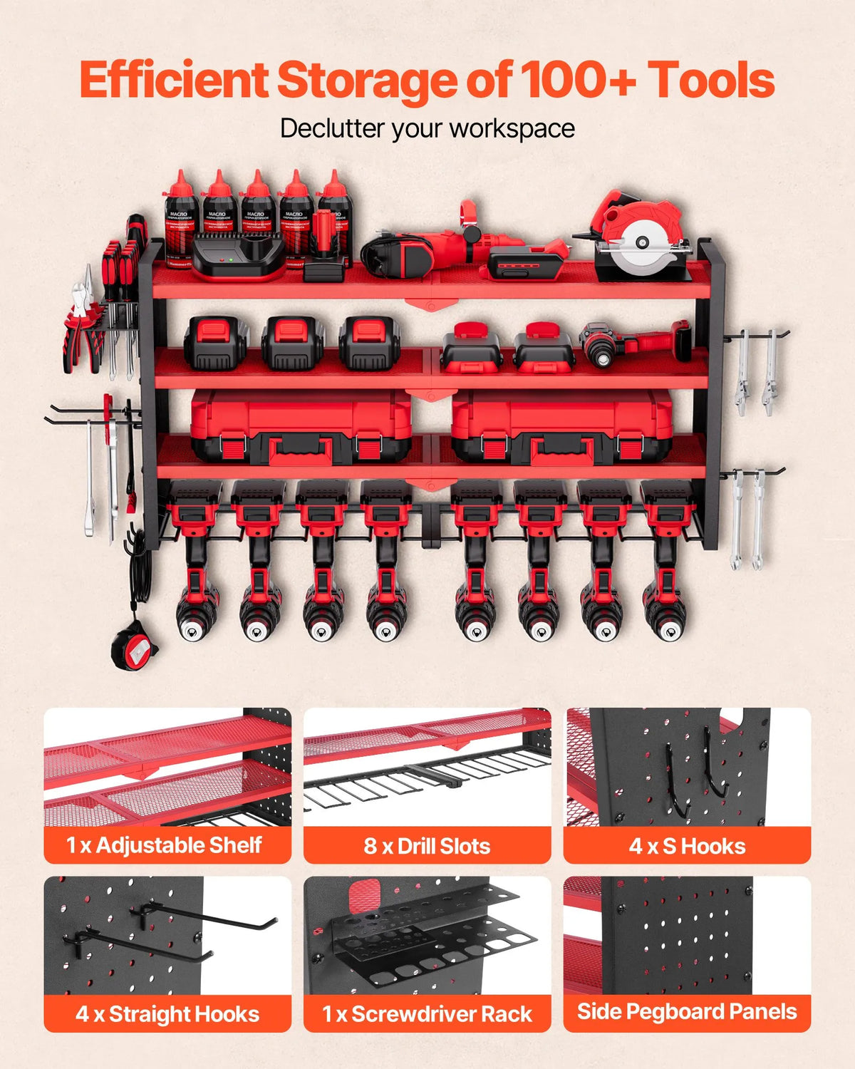 VEVOR Wall-Mounted Tool Rack 4-Tier with 8 Drill Holders and Perforated Side Panels