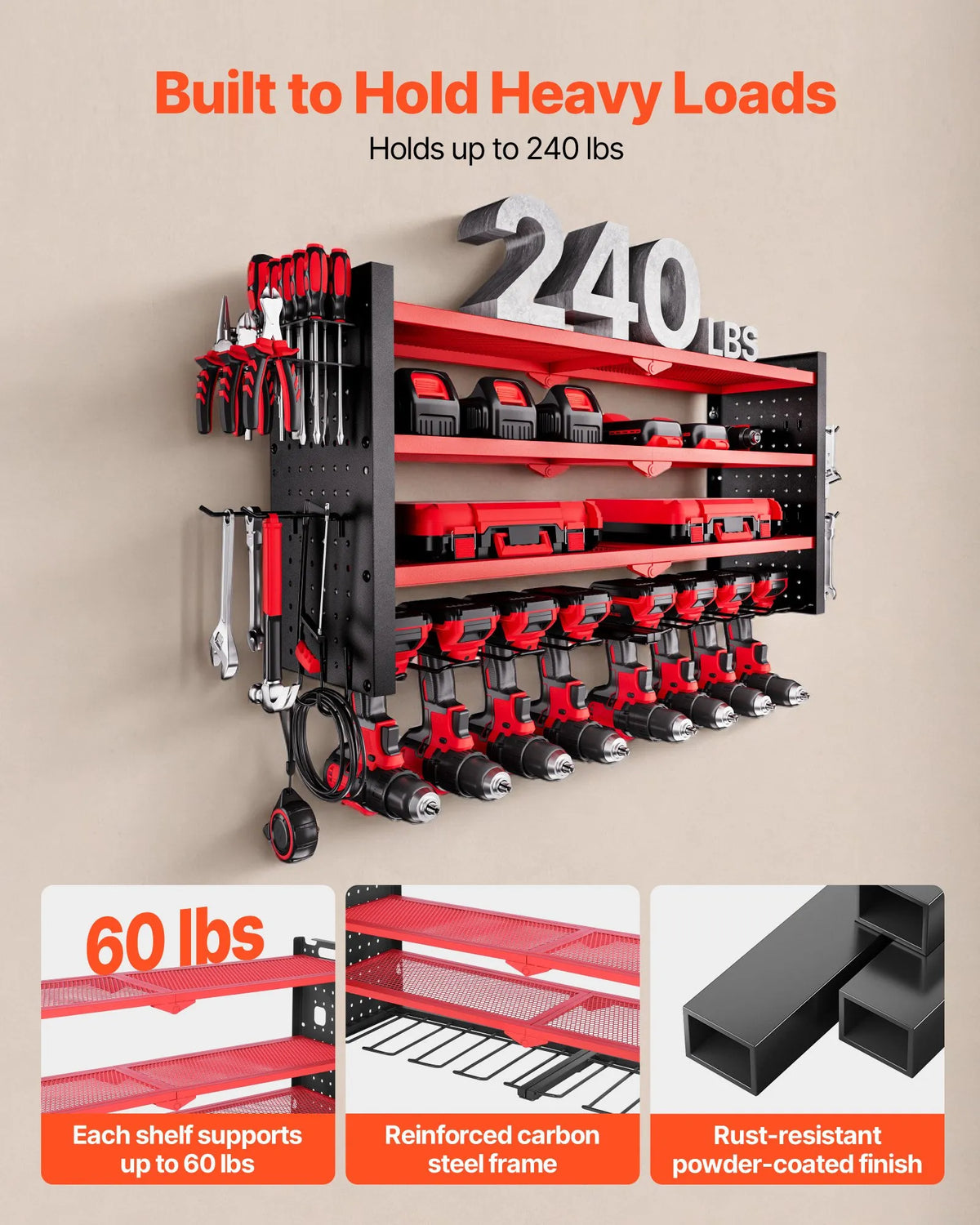 VEVOR Wall-Mounted Tool Rack 4-Tier with 8 Drill Holders and Perforated Side Panels