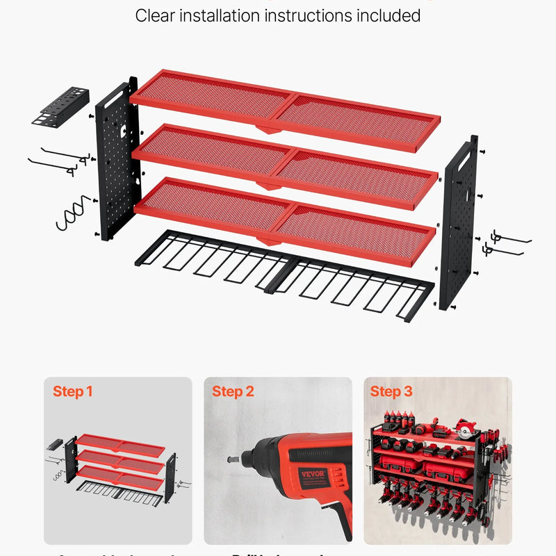 VEVOR sienas stiprināms elektroinstrumentu organizators, 4 līmeņu plaukts ar 8 urbju turētājiem, instrumentu turētājs ar sānu perforētajām plāksnēm, garāžas plaukts garāžai, darba galdam un darbnīcai