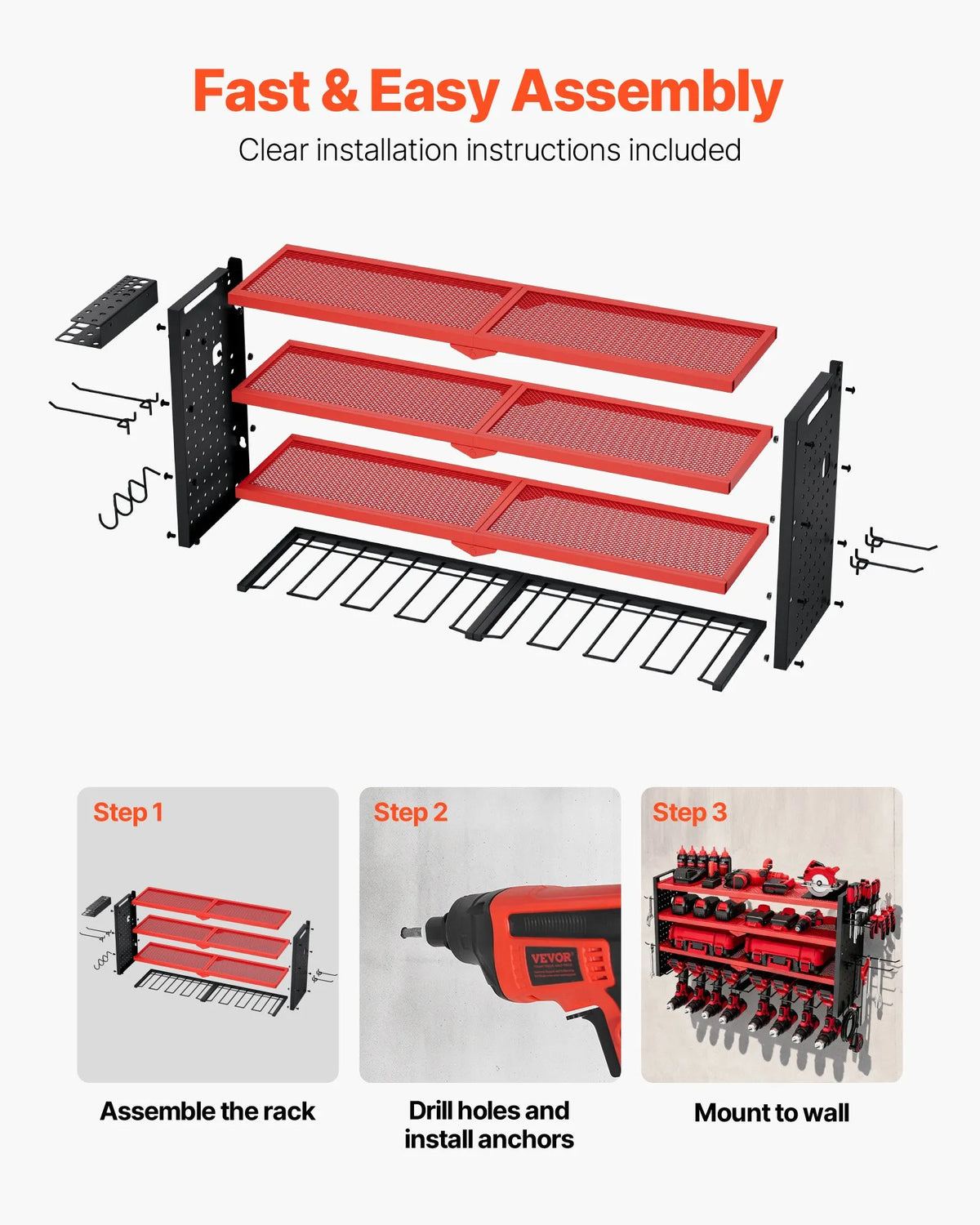 VEVOR Wall-Mounted Tool Rack 4-Tier with 8 Drill Holders and Perforated Side Panels