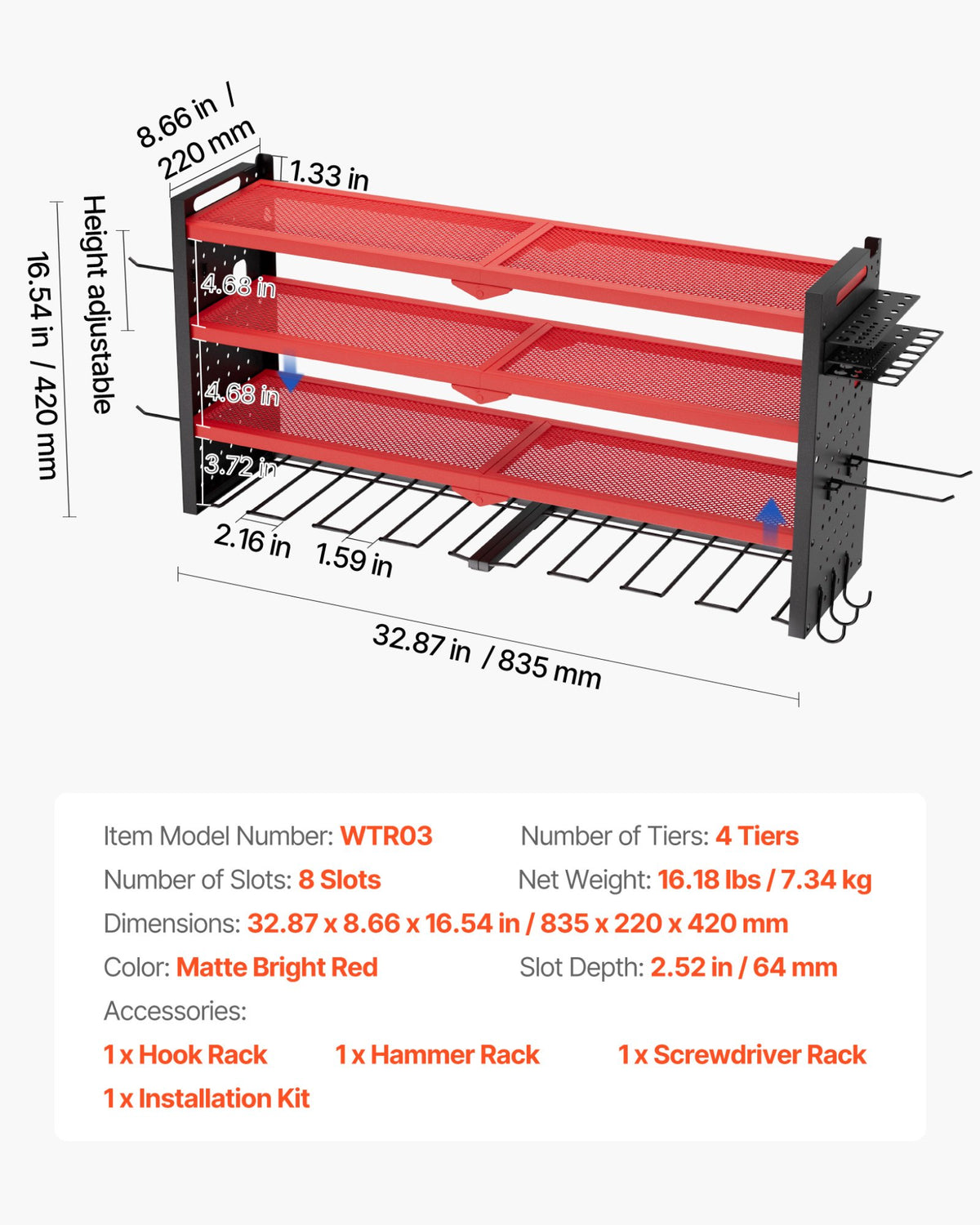 VEVOR Wall-Mounted Tool Rack 4-Tier with 8 Drill Holders and Perforated Side Panels