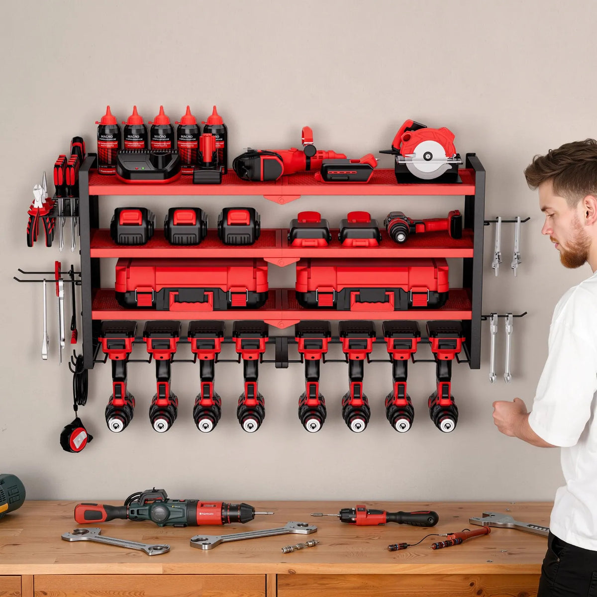 VEVOR Wall-Mounted Tool Rack 4-Tier with 8 Drill Holders and Perforated Side Panels