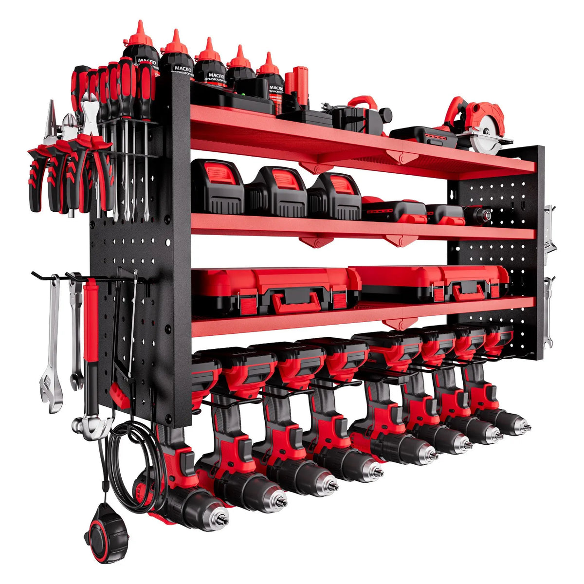 VEVOR Wall-Mounted Tool Rack 4-Tier with 8 Drill Holders and Perforated Side Panels
