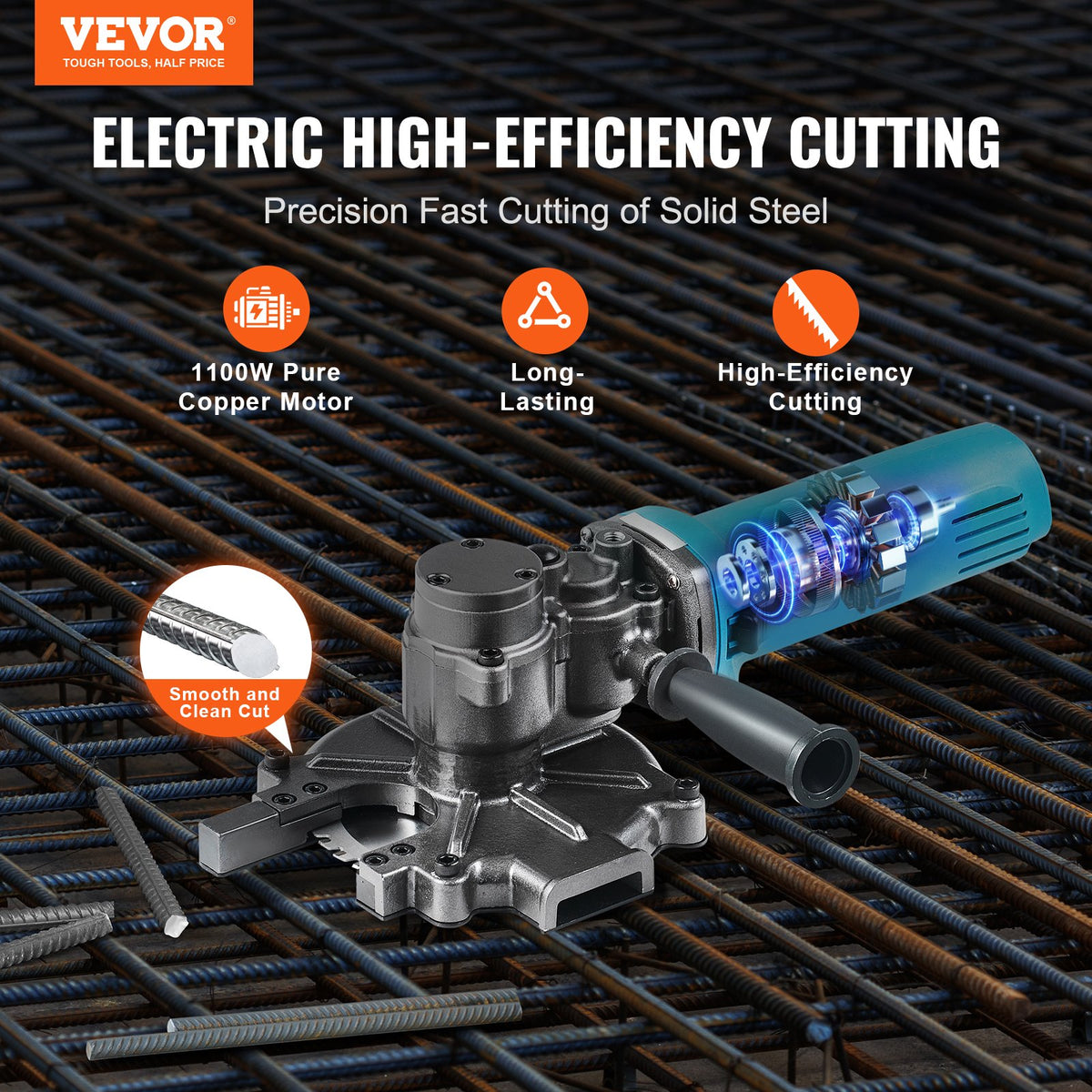 VEVOR Electric Rebar Cutter, 1100 W Portable Model, Cutting Range 4–40 mm, High-Power Steel and Concrete Rebar Cutter with Auxiliary Handle and Tool Case, Model RD-10