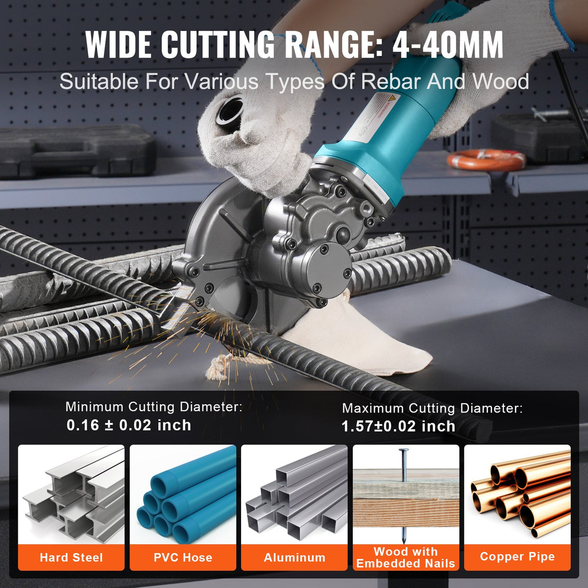 VEVOR Electric Rebar Cutter, 1100 W Portable Model, Cutting Range 4–40 mm, High-Power Steel and Concrete Rebar Cutter with Auxiliary Handle and Tool Case, Model RD-10