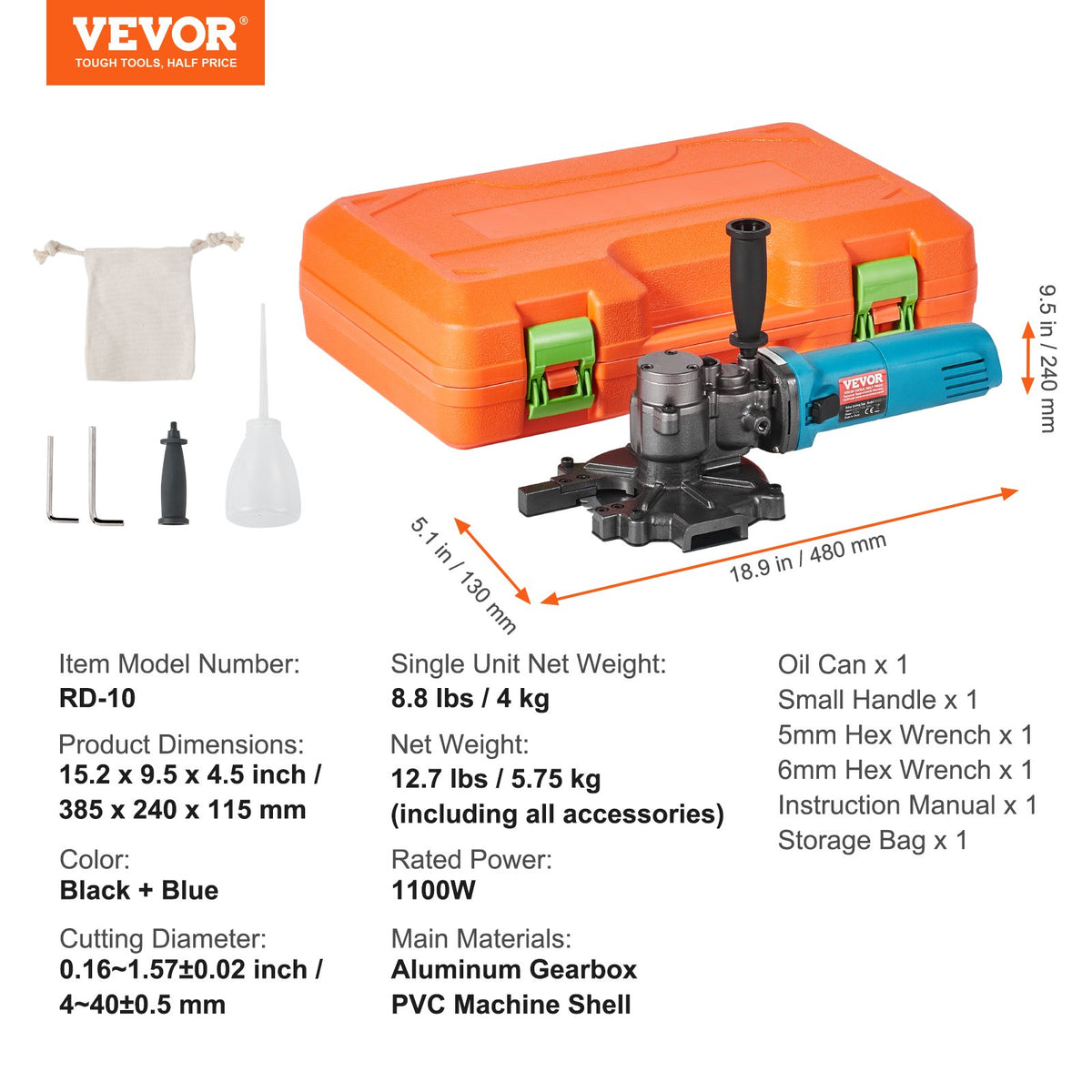 VEVOR Electric Rebar Cutter, 1100 W Portable Model, Cutting Range 4–40 mm, High-Power Steel and Concrete Rebar Cutter with Auxiliary Handle and Tool Case, Model RD-10