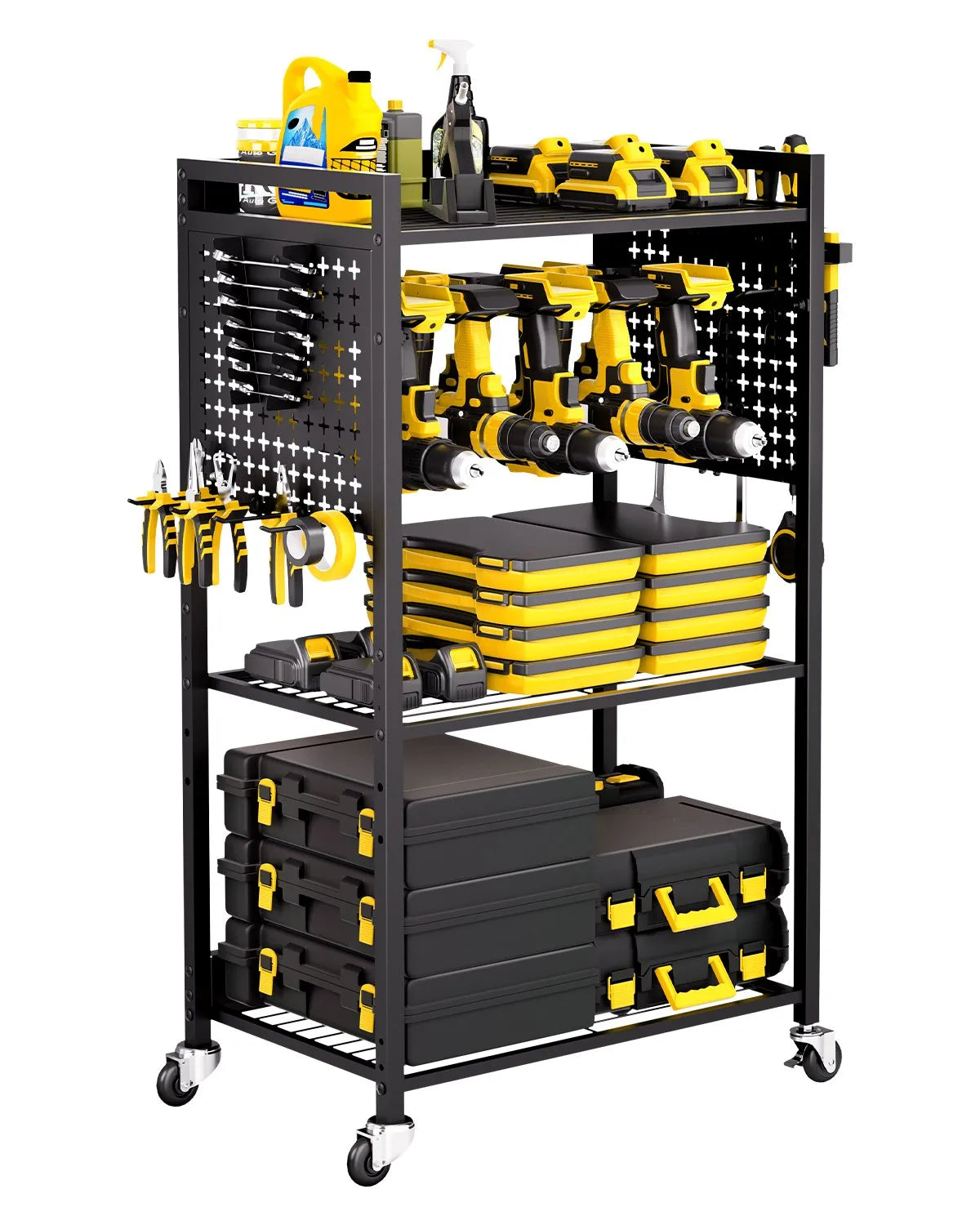 VEVOR 4-Tier Tool Organiser Trolley with 68 kg Load Capacity, Floor Stand with Wheels for Drill Holder and Sturdy Storage Shelf, Heavy-Duty Trolley for Workshop and Garage, Black
