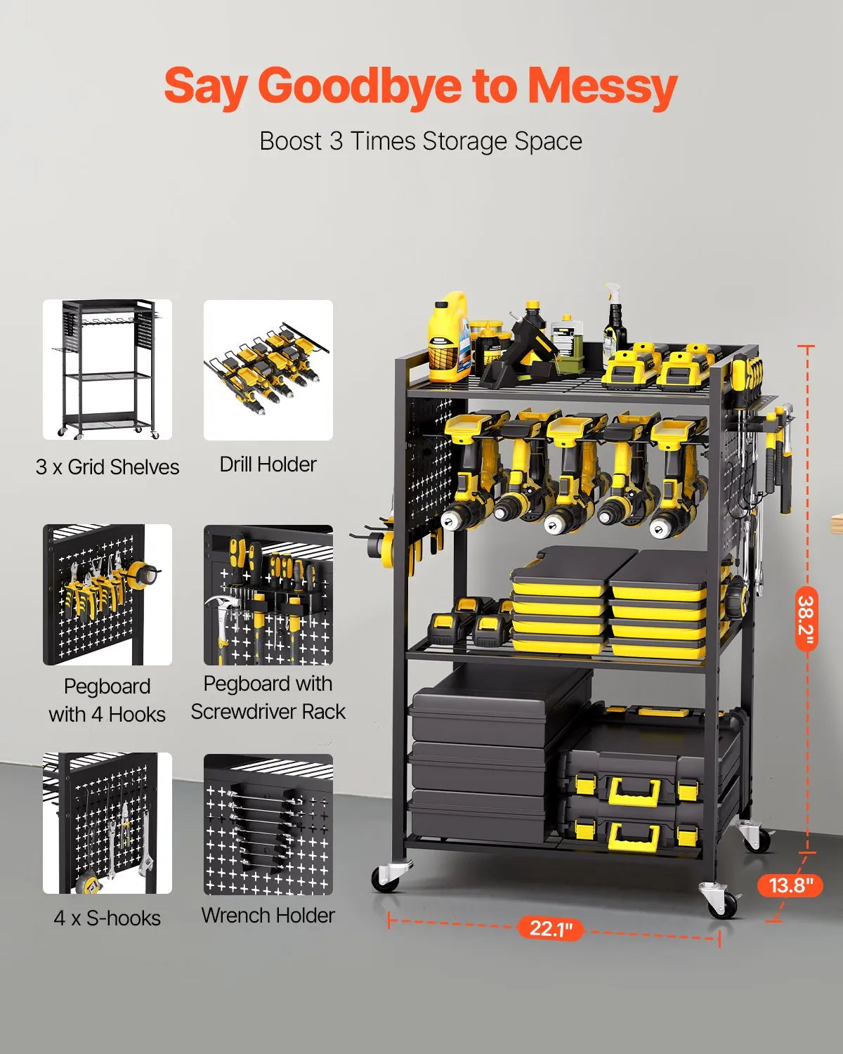 VEVOR 4-Tier Tool Organiser Trolley with 68 kg Load Capacity, Floor Stand with Wheels for Drill Holder and Sturdy Storage Shelf, Heavy-Duty Trolley for Workshop and Garage, Black