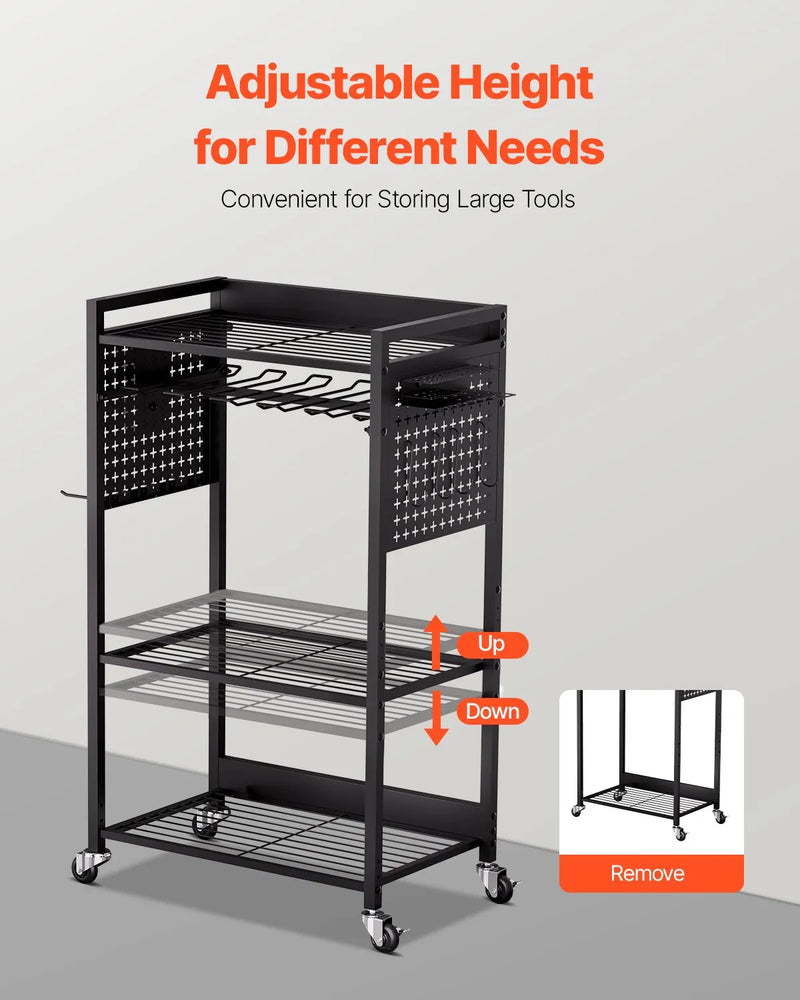 VEVOR 4 līmeņu instrumentu organizatora rati ar 68 kg slodzi, grīdas statīvs ar riteņiem urbju turētājam un stabilu uzglabāšanas plauktu, izturīgi rati darbnīcai un garāžai, melni