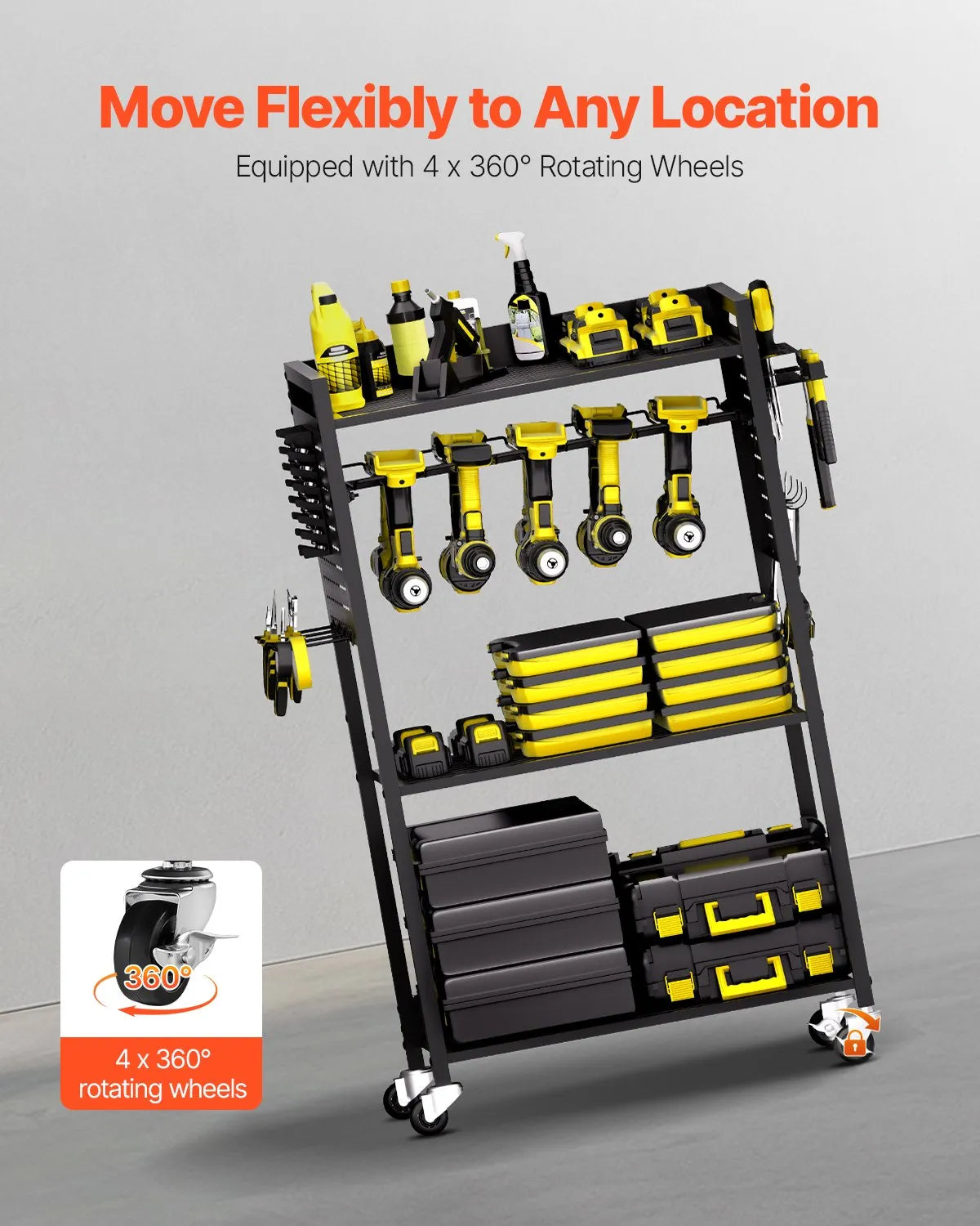 VEVOR 4-Tier Tool Organiser Trolley with 68 kg Load Capacity, Floor Stand with Wheels for Drill Holder and Sturdy Storage Shelf, Heavy-Duty Trolley for Workshop and Garage, Black