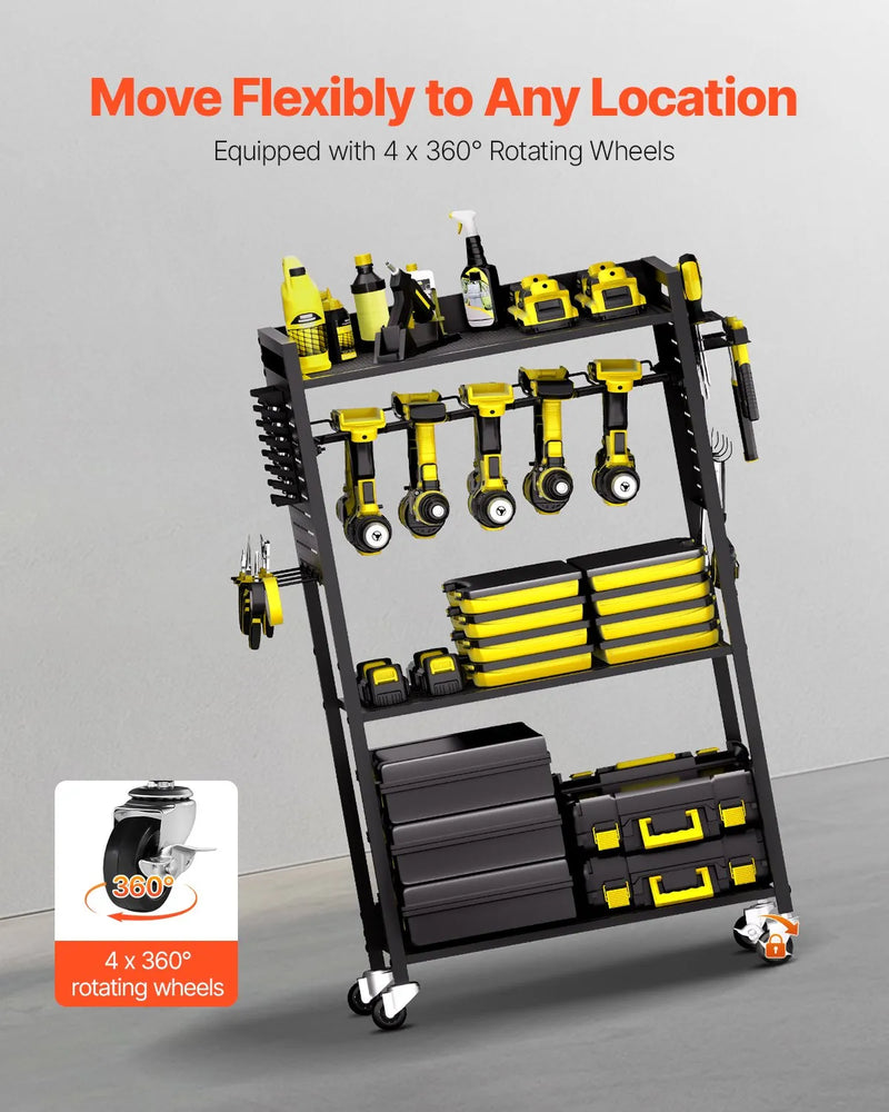VEVOR 4 līmeņu instrumentu organizatora rati ar 68 kg slodzi, grīdas statīvs ar riteņiem urbju turētājam un stabilu uzglabāšanas plauktu, izturīgi rati darbnīcai un garāžai, melni