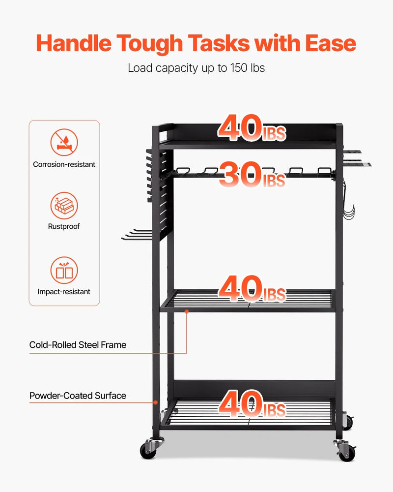 VEVOR 4 līmeņu instrumentu organizatora rati ar 68 kg slodzi, grīdas statīvs ar riteņiem urbju turētājam un stabilu uzglabāšanas plauktu, izturīgi rati darbnīcai un garāžai, melni