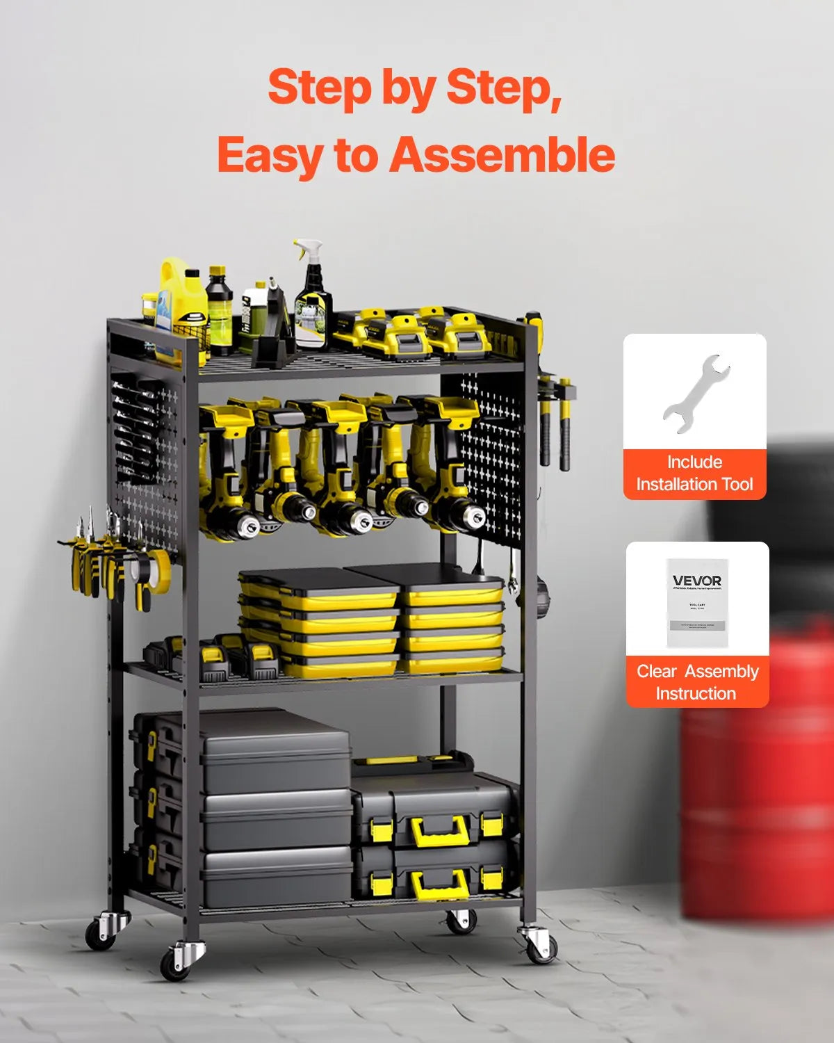 VEVOR 4-Tier Tool Organiser Trolley with 68 kg Load Capacity, Floor Stand with Wheels for Drill Holder and Sturdy Storage Shelf, Heavy-Duty Trolley for Workshop and Garage, Black