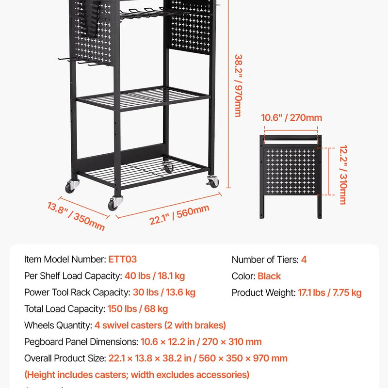 VEVOR 4 līmeņu instrumentu organizatora rati ar 68 kg slodzi, grīdas statīvs ar riteņiem urbju turētājam un stabilu uzglabāšanas plauktu, izturīgi rati darbnīcai un garāžai, melni