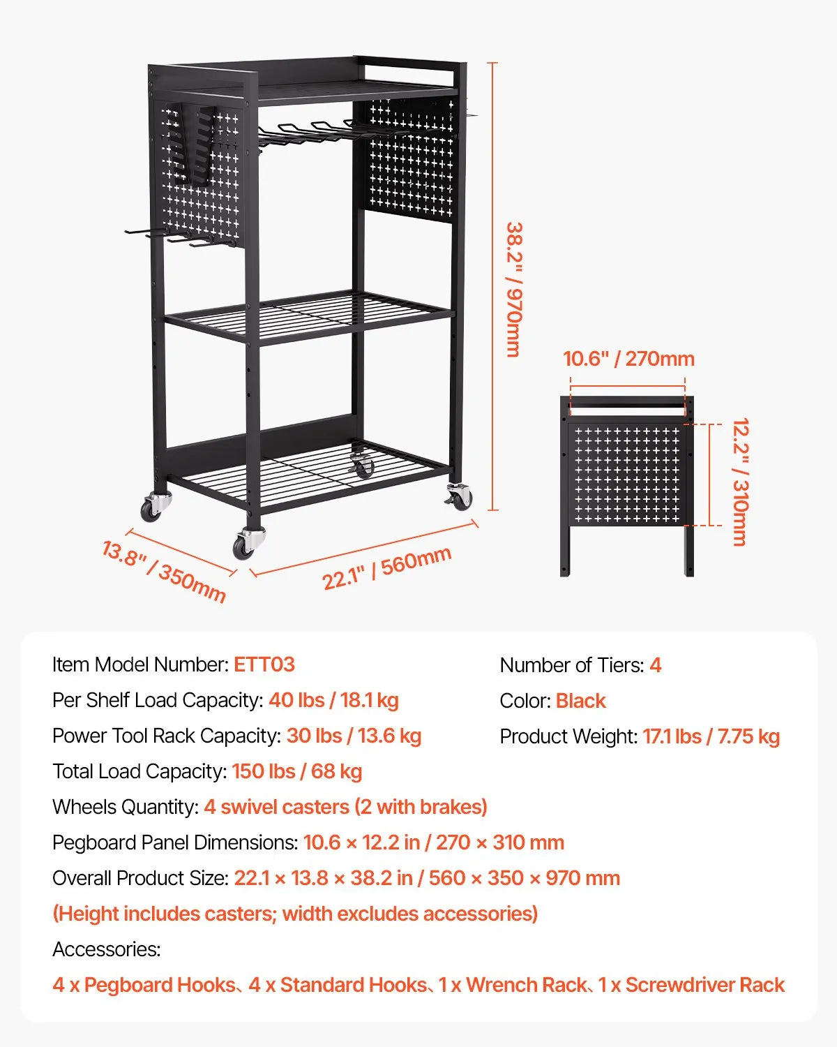 VEVOR 4-Tier Tool Organiser Trolley with 68 kg Load Capacity, Floor Stand with Wheels for Drill Holder and Sturdy Storage Shelf, Heavy-Duty Trolley for Workshop and Garage, Black