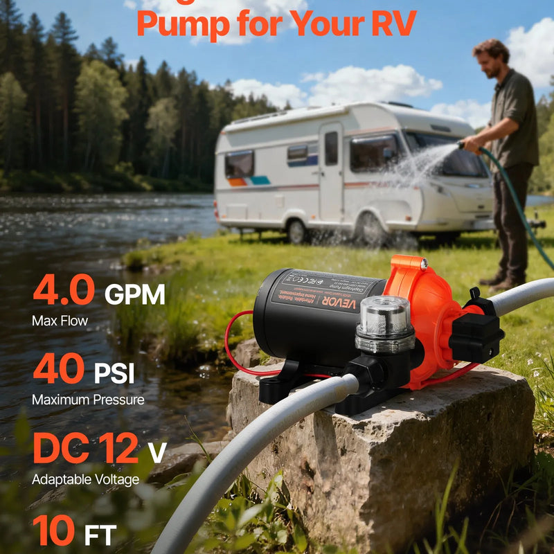 VEVOR kempera ūdens sūknis, 12 V DC, 15,1 l/min, 3 kameru pašuzsūcošs diafragmas sūknis ar automātisko spiediena slēdzi, maks. spiediens 2,8 bar, darbība pēc pieprasījuma kemperiem, karavānām, laivām, jahtām un automazgāšanai