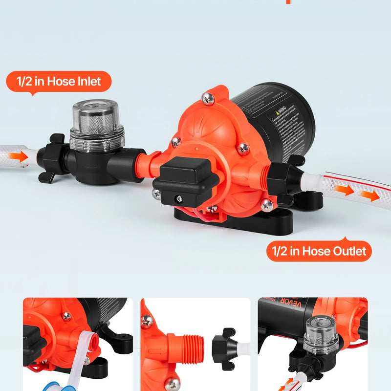 VEVOR kempera ūdens sūknis, 12 V DC, 15,1 l/min, 3 kameru pašuzsūcošs diafragmas sūknis ar automātisko spiediena slēdzi, maks. spiediens 2,8 bar, darbība pēc pieprasījuma kemperiem, karavānām, laivām, jahtām un automazgāšanai