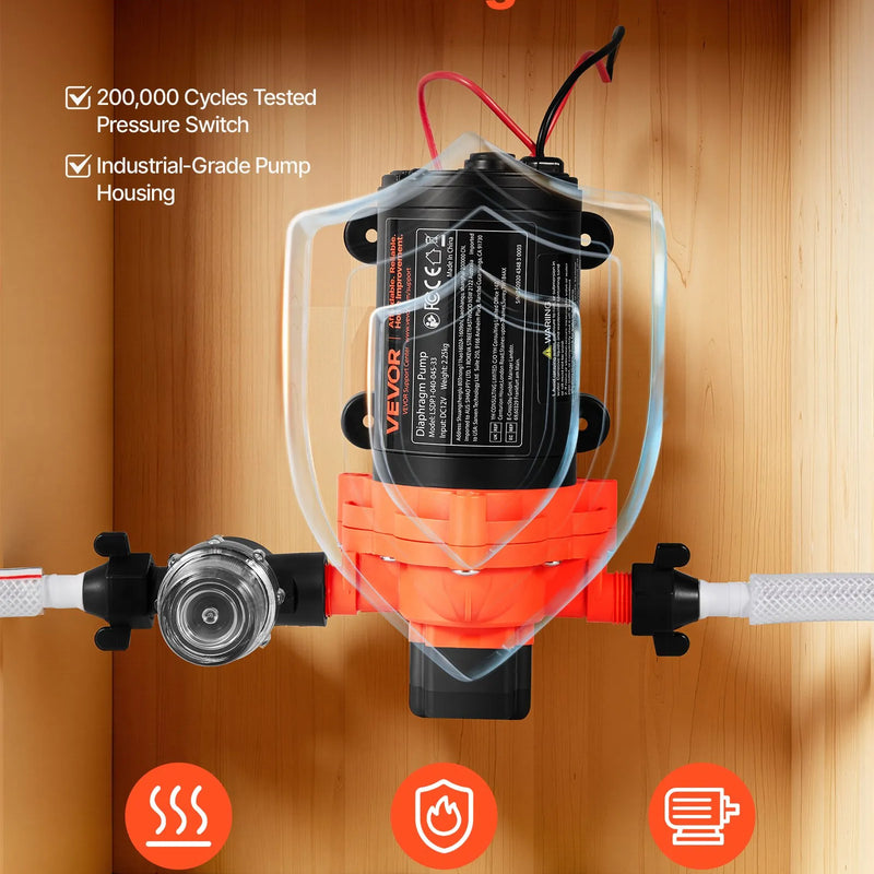 VEVOR kempera ūdens sūknis, 12 V DC, 15,1 l/min, 3 kameru pašuzsūcošs diafragmas sūknis ar automātisko spiediena slēdzi, maks. spiediens 2,8 bar, darbība pēc pieprasījuma kemperiem, karavānām, laivām, jahtām un automazgāšanai