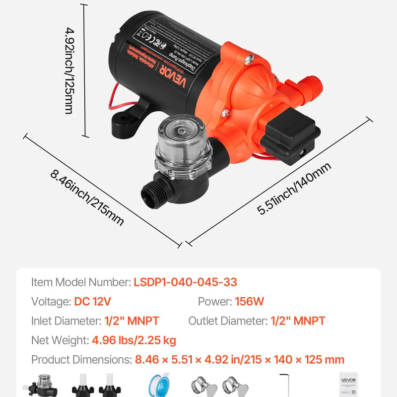 VEVOR kempera ūdens sūknis, 12 V DC, 15,1 l/min, 3 kameru pašuzsūcošs diafragmas sūknis ar automātisko spiediena slēdzi, maks. spiediens 2,8 bar, darbība pēc pieprasījuma kemperiem, karavānām, laivām, jahtām un automazgāšanai