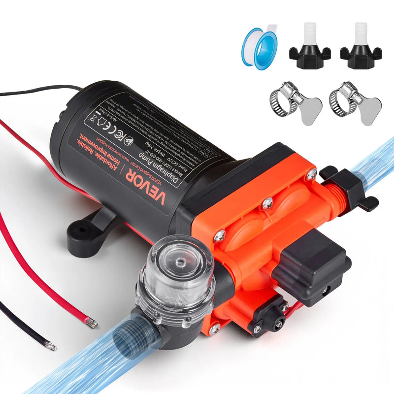 VEVOR kempera ūdens sūknis, 12 V DC, 22,7 l/min, 4 kameru pašuzsūcošs diafragmas sūknis ar automātisko spiediena slēdzi, maks. spiediens 4,8 bar, darbība pēc pieprasījuma kemperiem, karavānām, laivām, jahtām un automazgāšanai