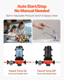 VEVOR kempera ūdens sūknis, 12 V DC, 22,7 l/min, 4 kameru pašuzsūcošs diafragmas sūknis ar automātisko spiediena slēdzi, maks. spiediens 4,8 bar, darbība pēc pieprasījuma kemperiem, karavānām, laivām, jahtām un automazgāšanai