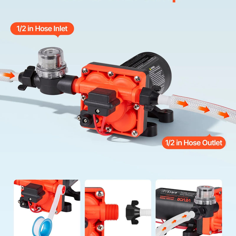 VEVOR kempera ūdens sūknis, 12 V DC, 22,7 l/min, 4 kameru pašuzsūcošs diafragmas sūknis ar automātisko spiediena slēdzi, maks. spiediens 4,8 bar, darbība pēc pieprasījuma kemperiem, karavānām, laivām, jahtām un automazgāšanai