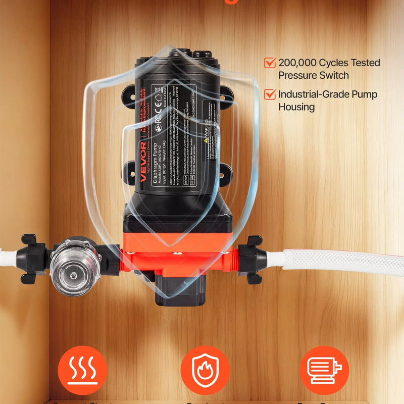 VEVOR kempera ūdens sūknis, 12 V DC, 22,7 l/min, 4 kameru pašuzsūcošs diafragmas sūknis ar automātisko spiediena slēdzi, maks. spiediens 4,8 bar, darbība pēc pieprasījuma kemperiem, karavānām, laivām, jahtām un automazgāšanai