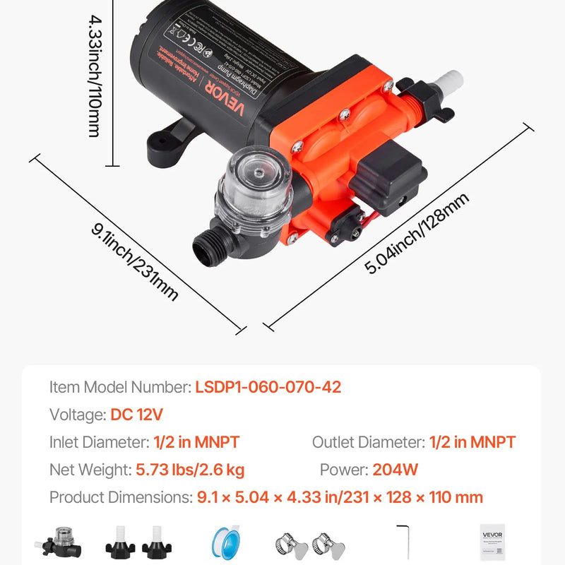 VEVOR kempera ūdens sūknis, 12 V DC, 22,7 l/min, 4 kameru pašuzsūcošs diafragmas sūknis ar automātisko spiediena slēdzi, maks. spiediens 4,8 bar, darbība pēc pieprasījuma kemperiem, karavānām, laivām, jahtām un automazgāšanai