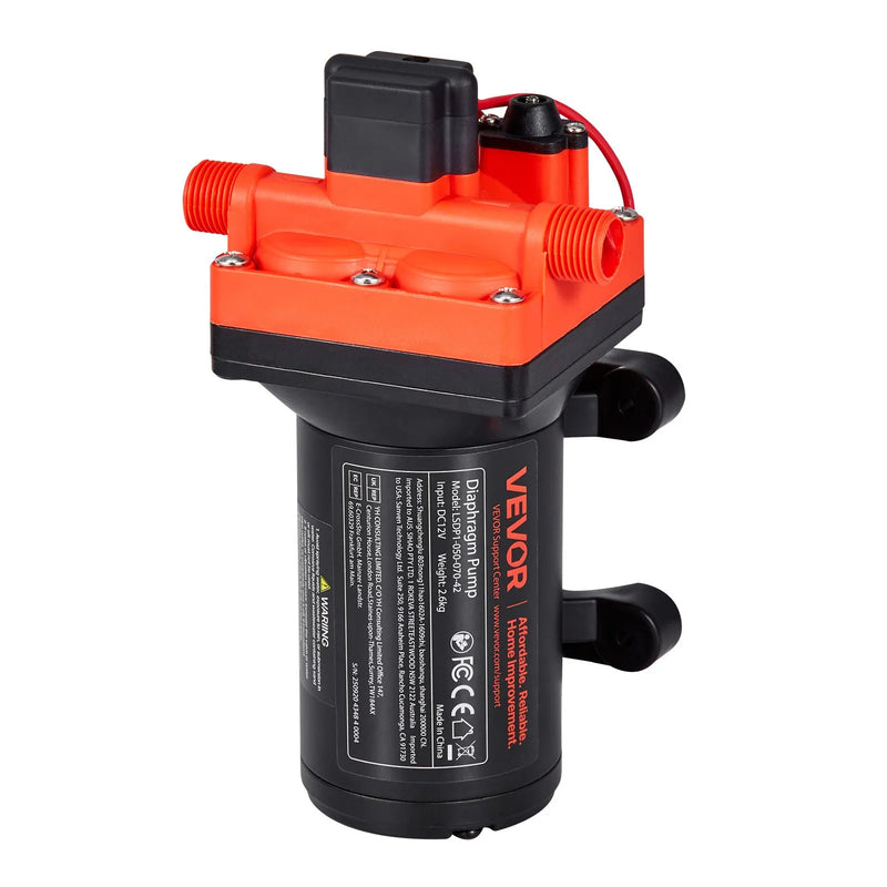 VEVOR kempera ūdens sūknis, 12 V DC, 18,9 l/min, 4 kameru pašuzsūcošs diafragmas sūknis ar automātisko spiediena slēdzi, maks. spiediens 4,8 bar, darbība pēc pieprasījuma kemperiem, karavānām, laivām, jahtām un automazgāšanai
