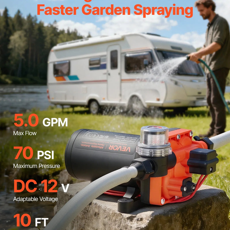 VEVOR kempera ūdens sūknis, 12 V DC, 18,9 l/min, 4 kameru pašuzsūcošs diafragmas sūknis ar automātisko spiediena slēdzi, maks. spiediens 4,8 bar, darbība pēc pieprasījuma kemperiem, karavānām, laivām, jahtām un automazgāšanai