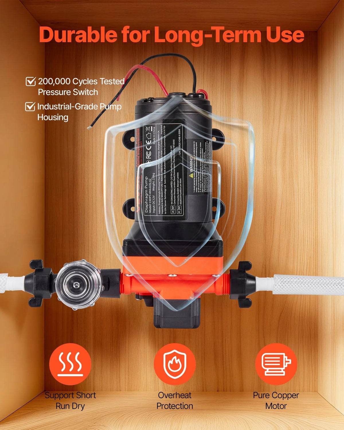 VEVOR Caravan Water Pump, 12 V DC, 18.9 l/min, 4 Chamber Self-Priming Diaphragm Pump with Automatic Pressure Switch, Max Pressure 4.8 bar, On-Demand Operation for Caravans, Motorhomes, Boats, Yachts and Car Washing
