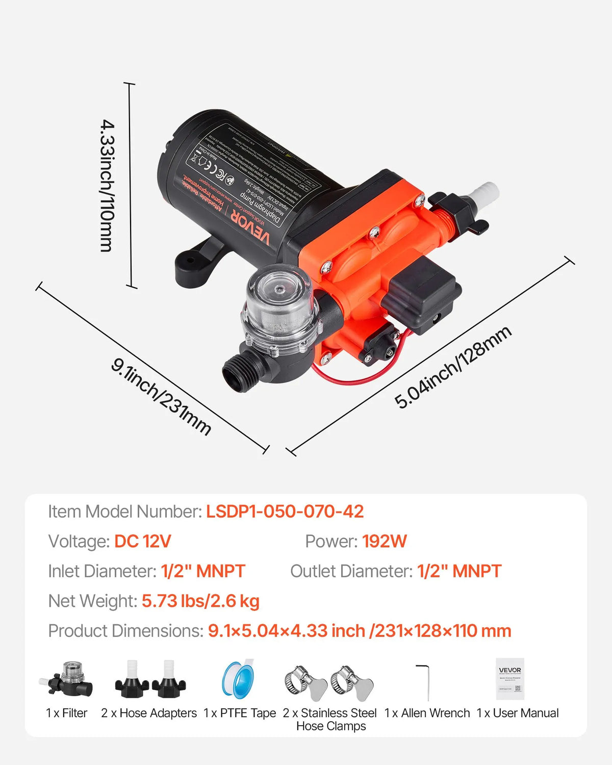 VEVOR Caravan Water Pump, 12 V DC, 18.9 l/min, 4 Chamber Self-Priming Diaphragm Pump with Automatic Pressure Switch, Max Pressure 4.8 bar, On-Demand Operation for Caravans, Motorhomes, Boats, Yachts and Car Washing