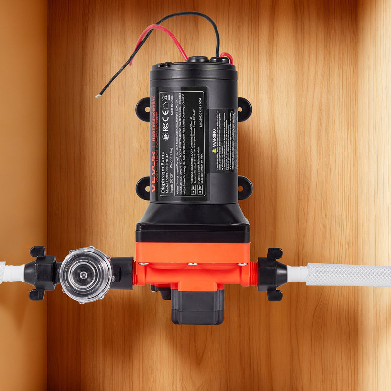 VEVOR kempera ūdens sūknis, 12 V DC, 18,9 l/min, 4 kameru pašuzsūcošs diafragmas sūknis ar automātisko spiediena slēdzi, maks. spiediens 4,8 bar, darbība pēc pieprasījuma kemperiem, karavānām, laivām, jahtām un automazgāšanai