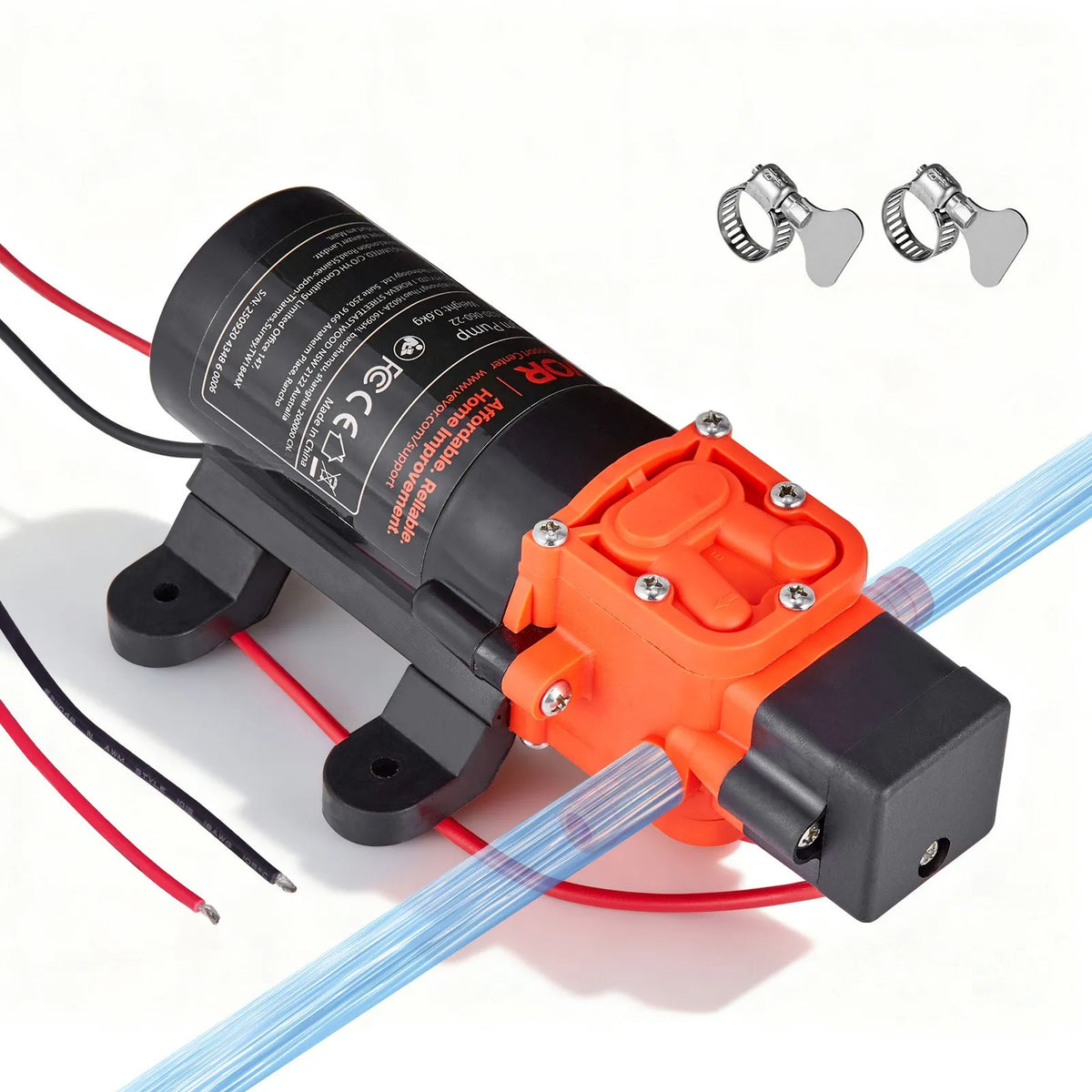 VEVOR Water Pressure Pump, 12 V DC, 4.5 l/min, 2 Chamber Self-Priming Diaphragm Pump with 2 Hose Clamps, Max Pressure 5.5 bar, Quiet Operation for Campers, Caravans, Boats and Garden Watering