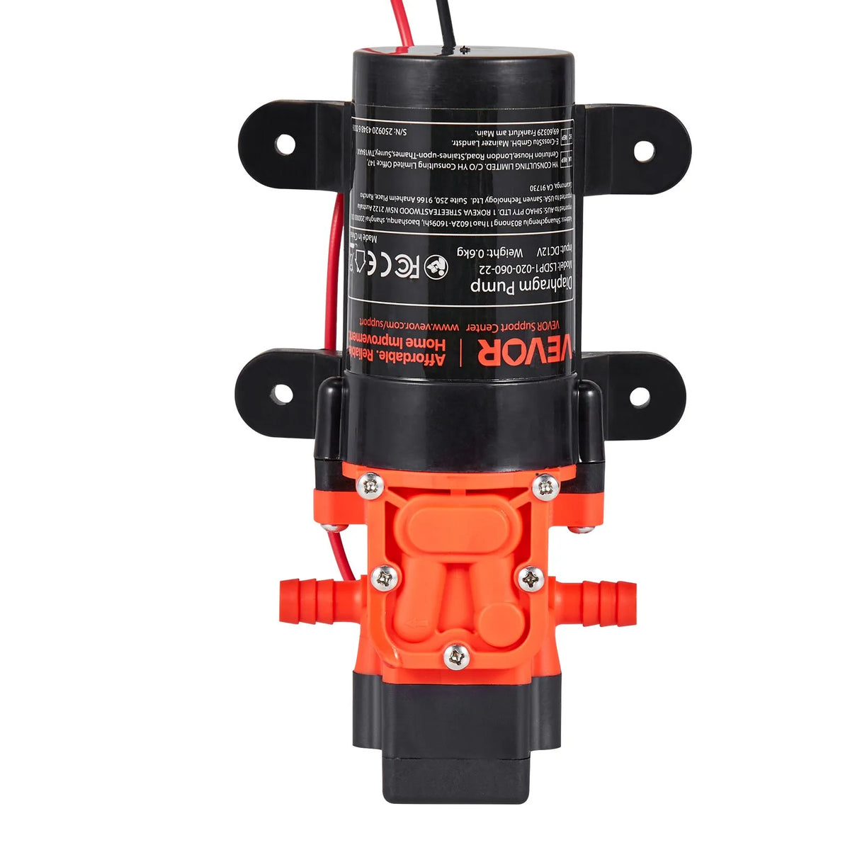 VEVOR Water Pressure Pump, 12 V DC, 4.5 l/min, 2 Chamber Self-Priming Diaphragm Pump with 2 Hose Clamps, Max Pressure 5.5 bar, Quiet Operation for Campers, Caravans, Boats and Garden Watering