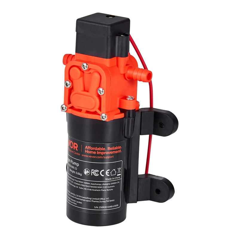 VEVOR ūdens spiediena sūknis, 12 V DC, 4,5 l/min, 2 kameru pašuzsūcošs diafragmas sūknis ar 2 šļūteņu skavām, maks. spiediens 5,5 bar, klusa darbība kemperiem, karavānām, laivām un dārza apūdeņošanai