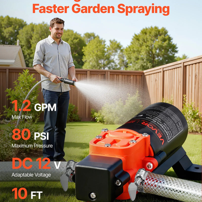 VEVOR ūdens spiediena sūknis, 12 V DC, 4,5 l/min, 2 kameru pašuzsūcošs diafragmas sūknis ar 2 šļūteņu skavām, maks. spiediens 5,5 bar, klusa darbība kemperiem, karavānām, laivām un dārza apūdeņošanai