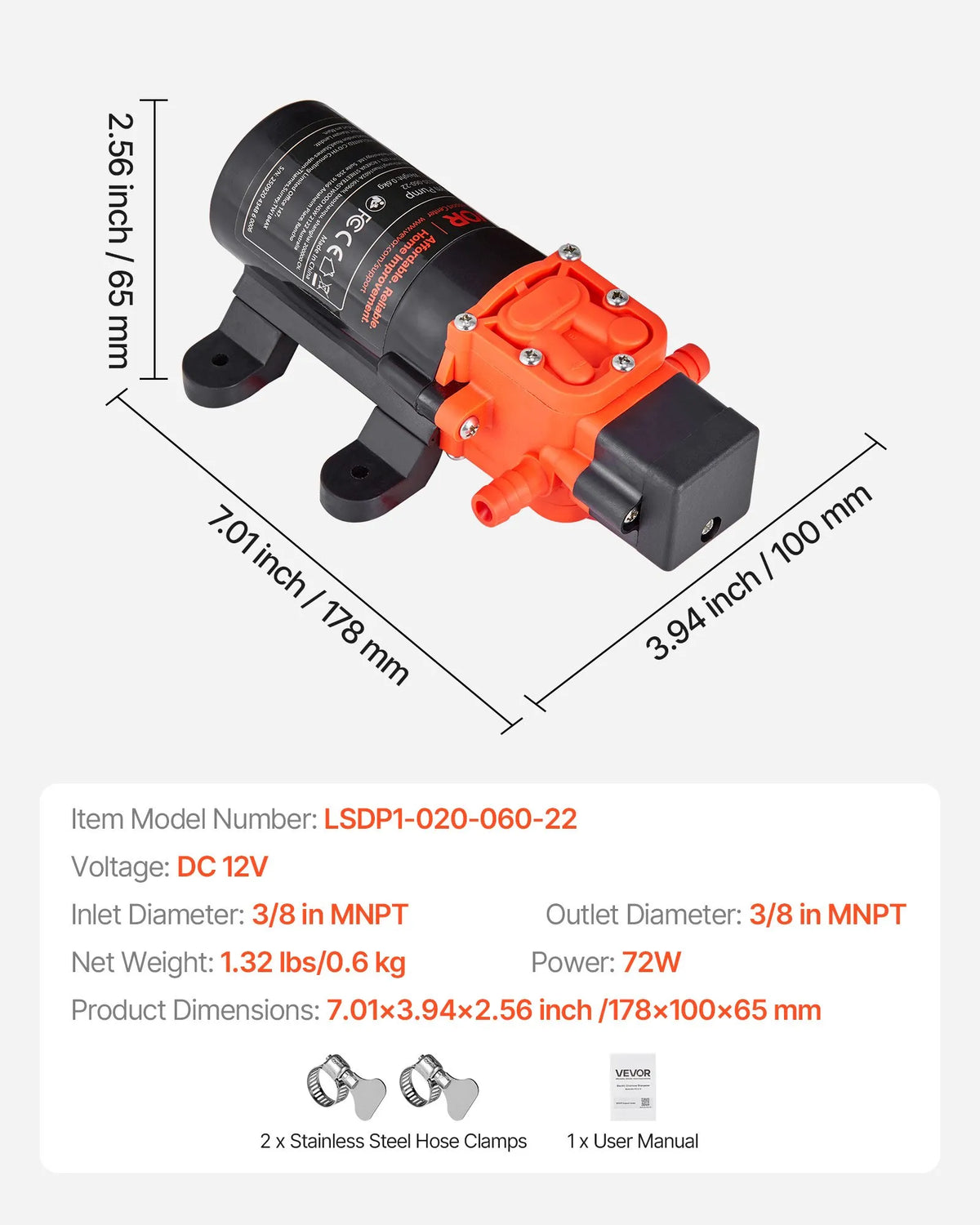 VEVOR Water Pressure Pump, 12 V DC, 4.5 l/min, 2 Chamber Self-Priming Diaphragm Pump with 2 Hose Clamps, Max Pressure 5.5 bar, Quiet Operation for Campers, Caravans, Boats and Garden Watering