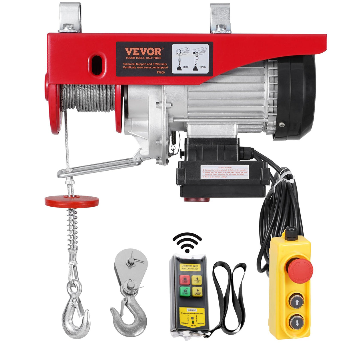 VEVOR Electric Hoist, 600 kg Winch, 100 m Wireless Remote and 4.3 m Wired Remote