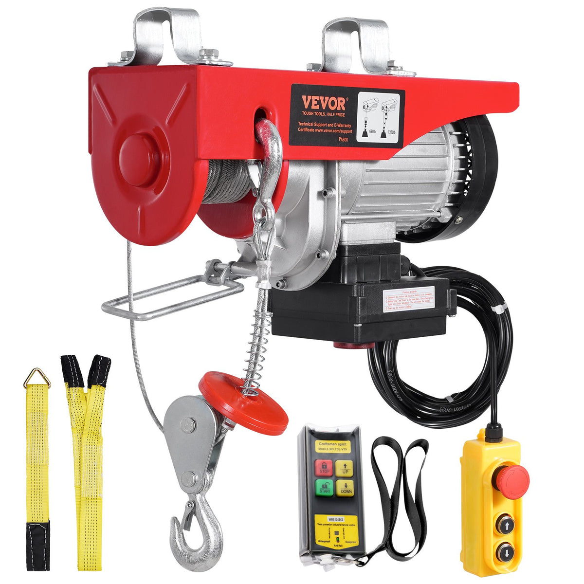 VEVOR Electric Hoist, 600 kg Winch, 100 m Wireless Remote and 4.3 m Wired Remote