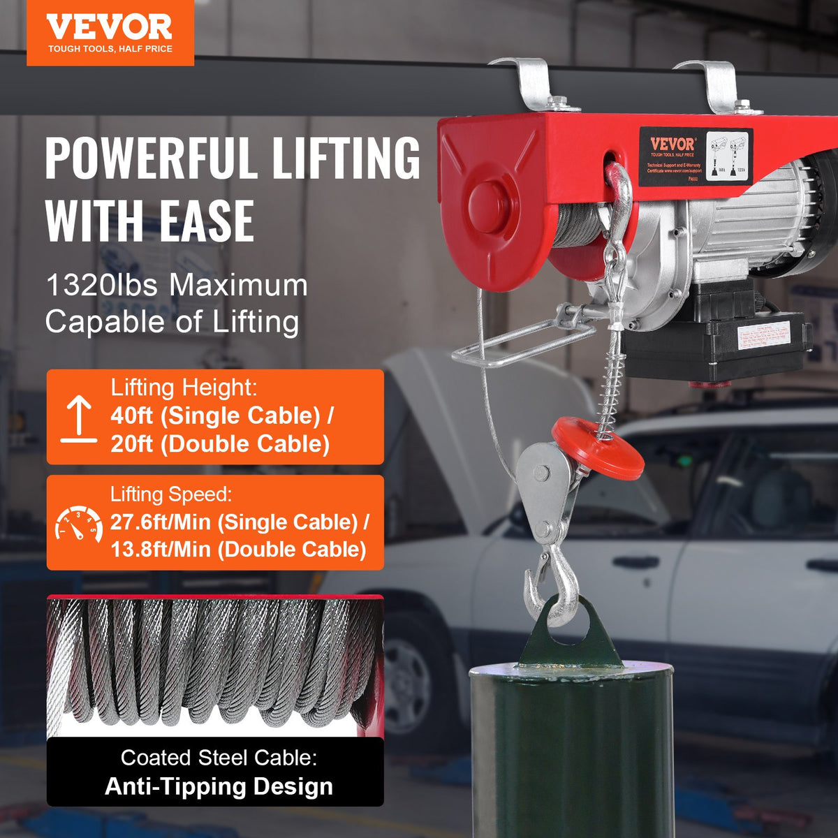 VEVOR Electric Hoist, 600 kg Winch, 100 m Wireless Remote and 4.3 m Wired Remote