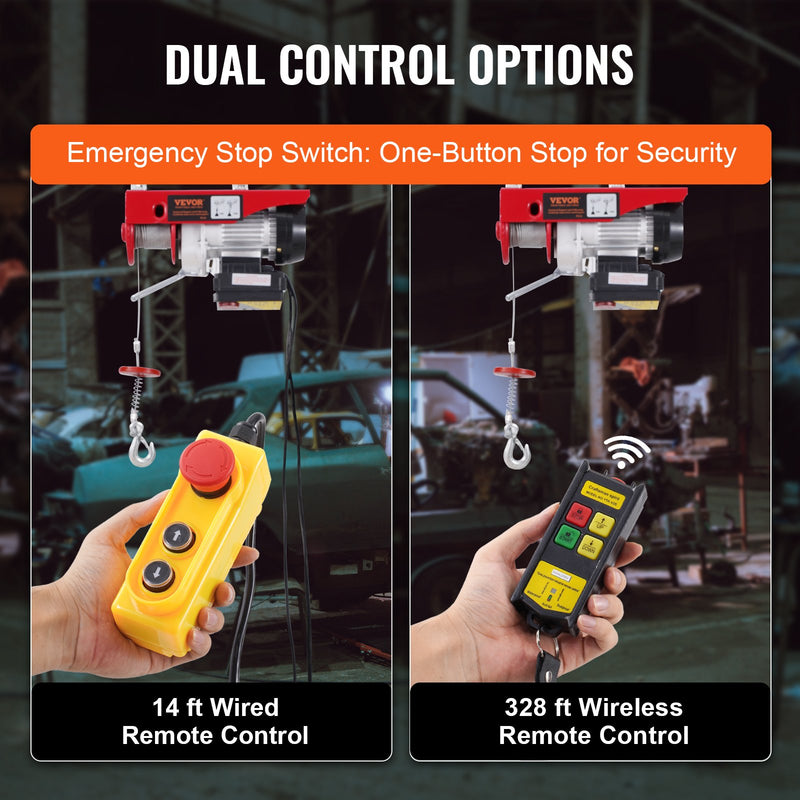 VEVOR elektriskais pacēlājs, vinča 600 kg, 100 m bezvadu tālvadība un 4,3 m vadu tālvadība
